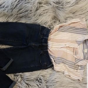 Burnt Orange & Gray Striped Collared Button Top